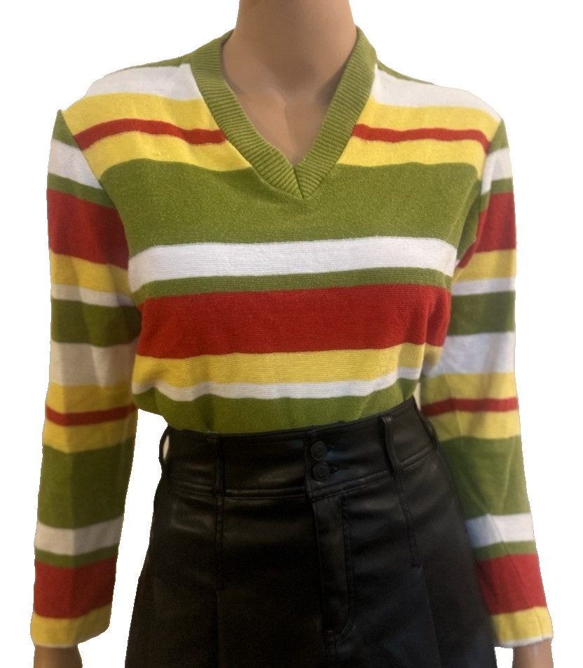 Vintage 60s White Stag BOLD STRIPE V neck Sweater Jumper Medium
