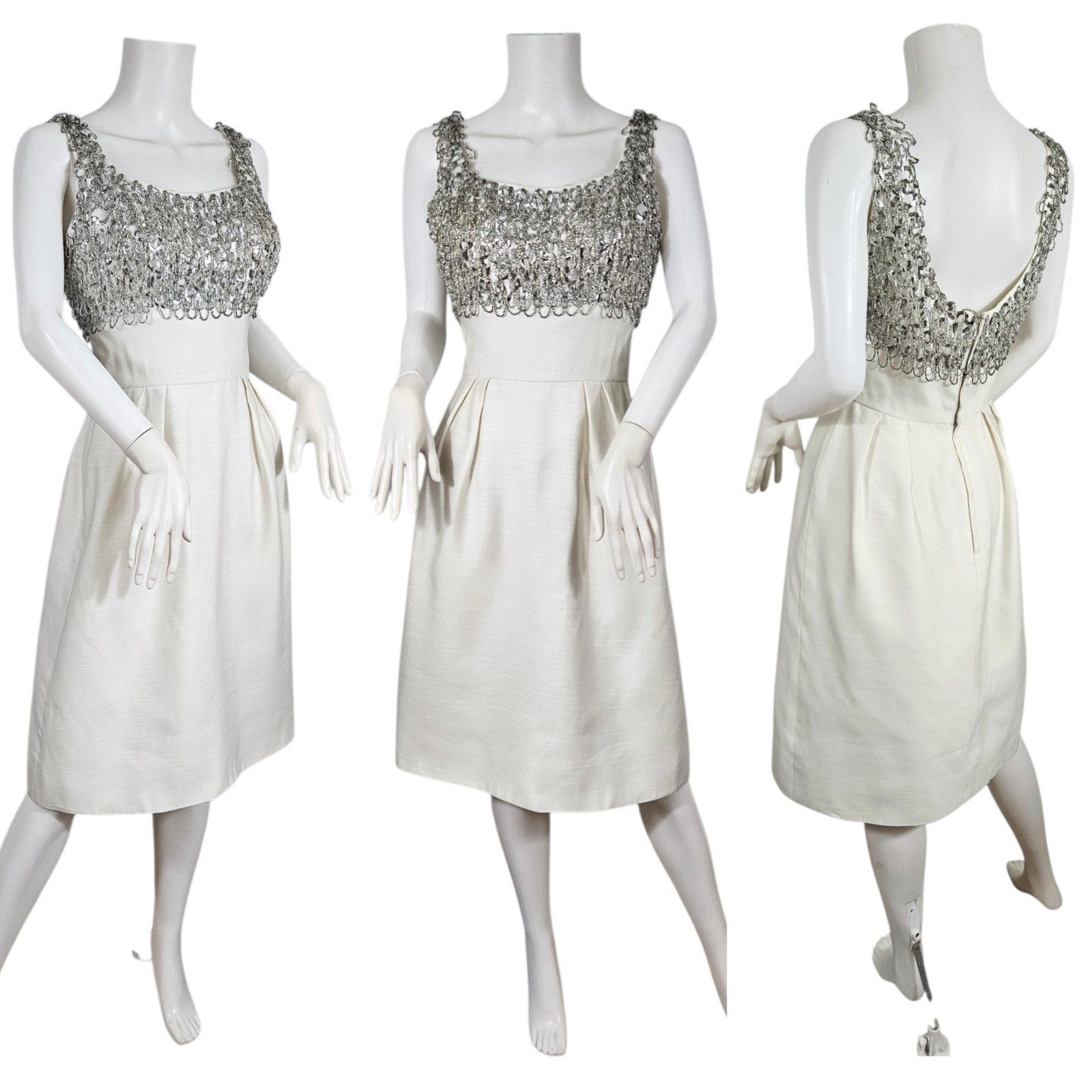 Mardi Gras 1960s White Rayon Faille Silver Bead Embellished Fit & Flare Dress