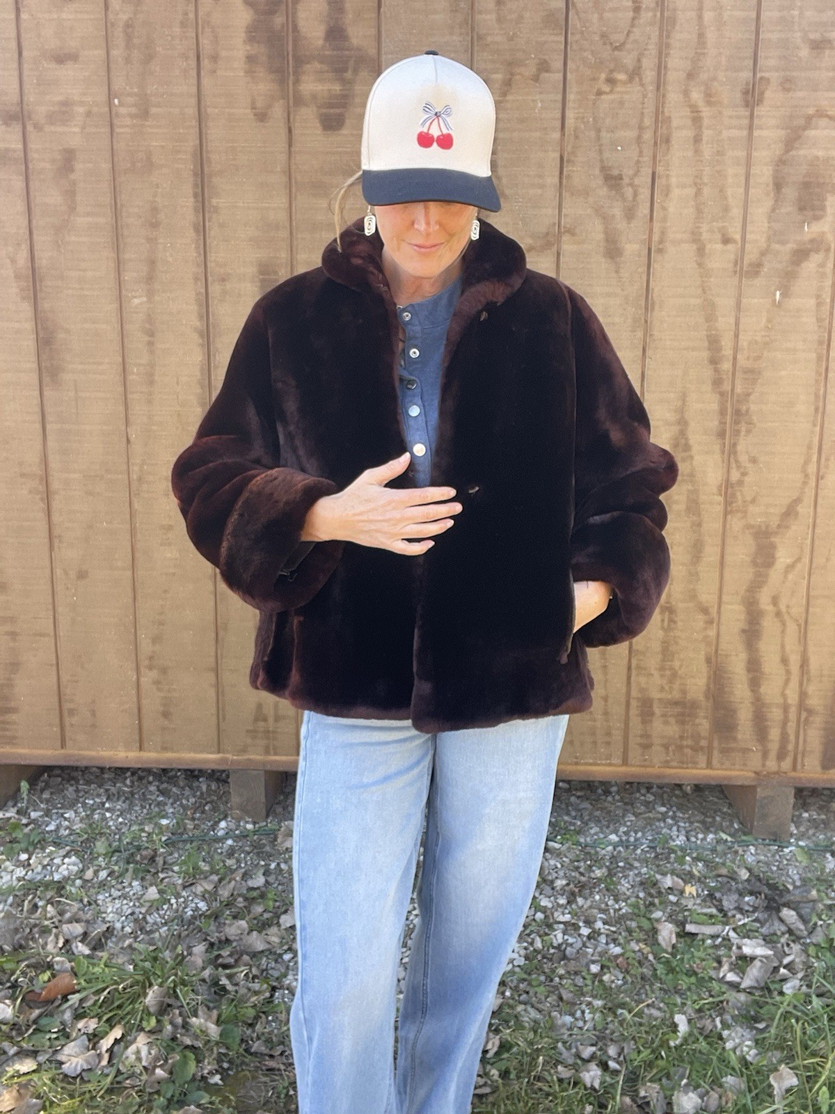 True Vintage Brown Fur Retro Style, Very Warm w/ Polka Dot Liner Womens Med Lg