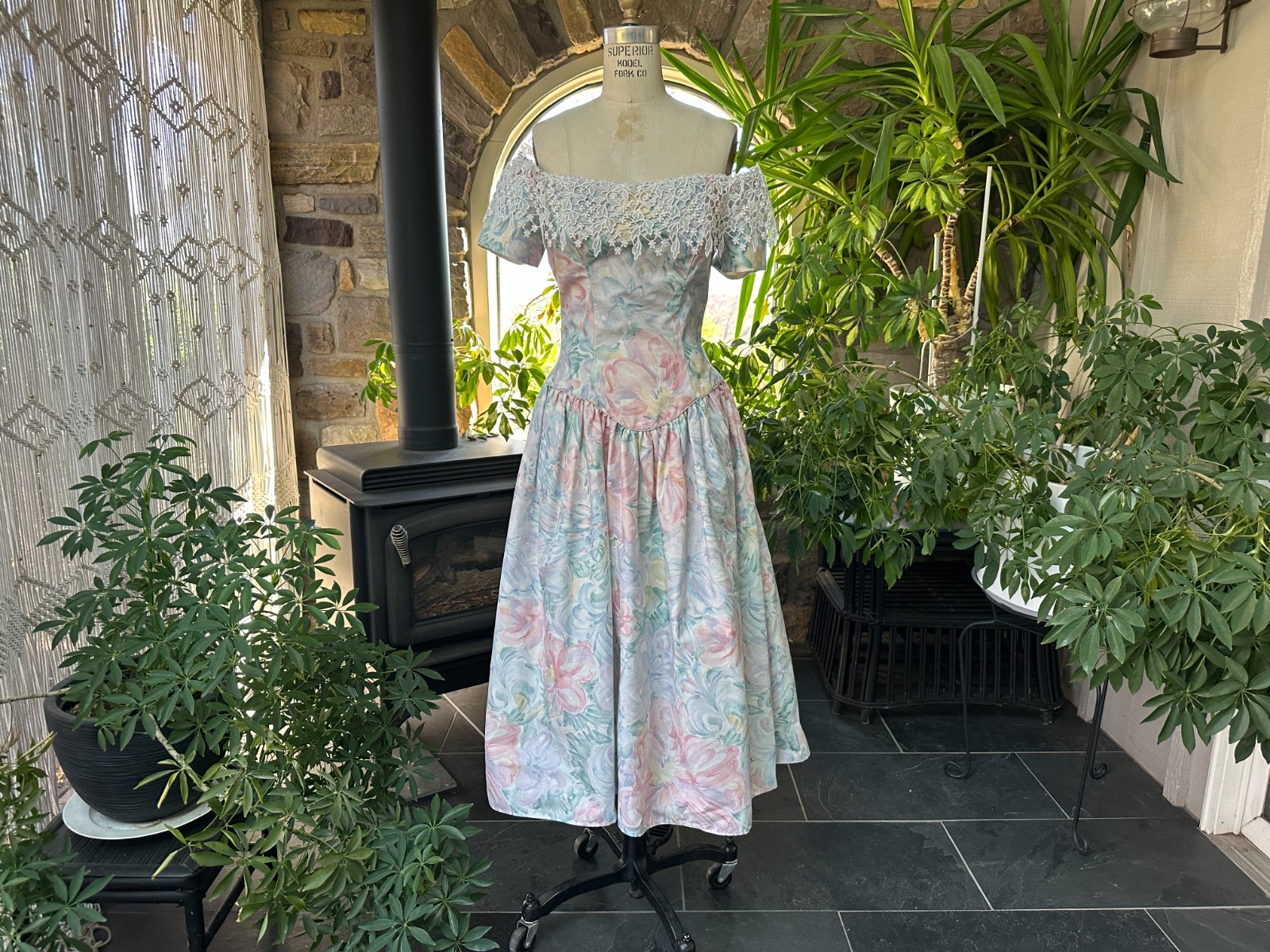 Vintage 1980s Pastel Floral Off Shoulder Cottagecore Garden Party Dress
