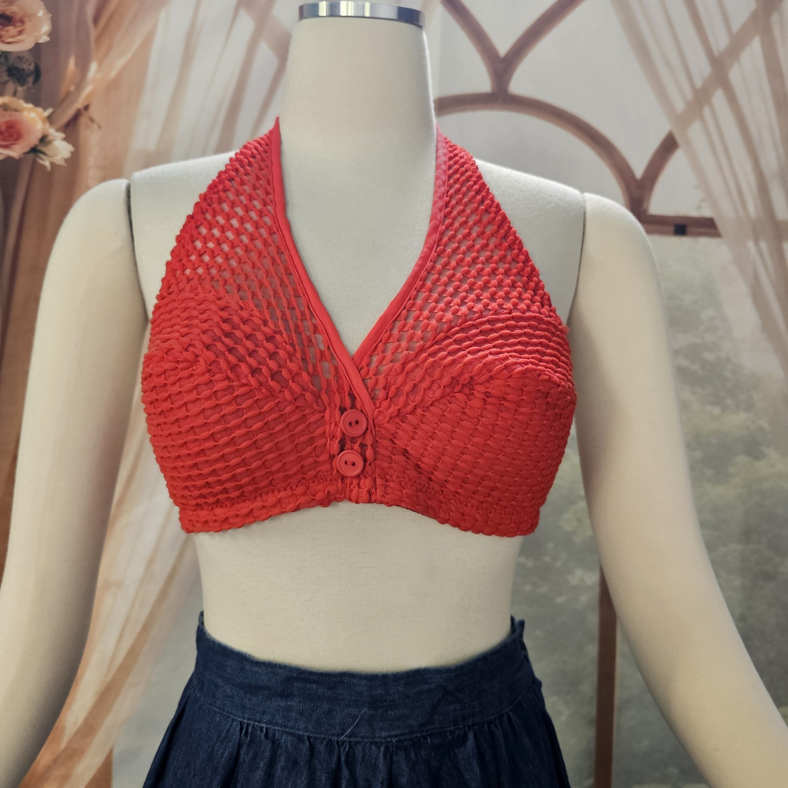 Vintage 1960&rsquo;s Halter Top Bikini Crimson Red Lace De Luxe Fashions Retro