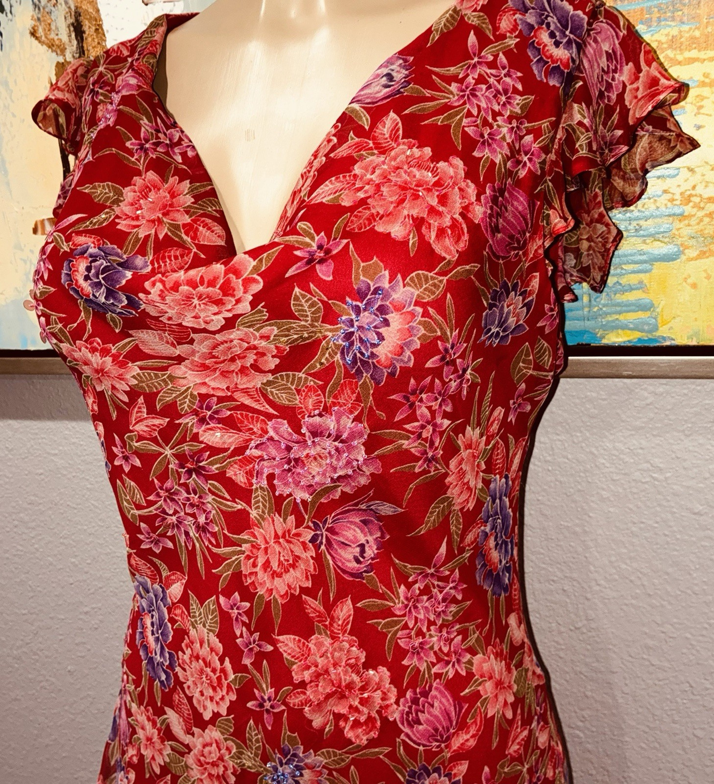 VTG Robbie Bee 100% Silk Red Floral Midi Slip Dress Fairy Chiffon Women’s 14