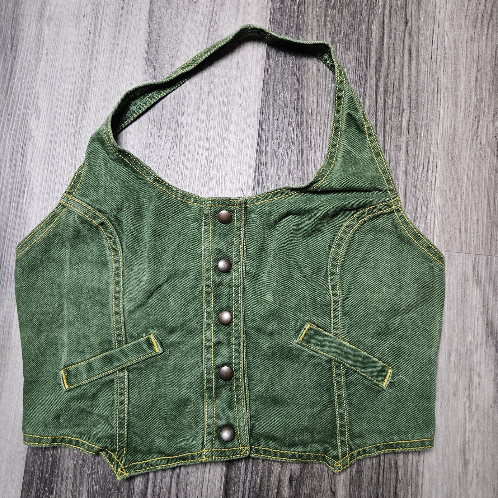1970&rsquo;s Green Denim Halter Top Snaps Open Back Vintage Y2K Size 13
