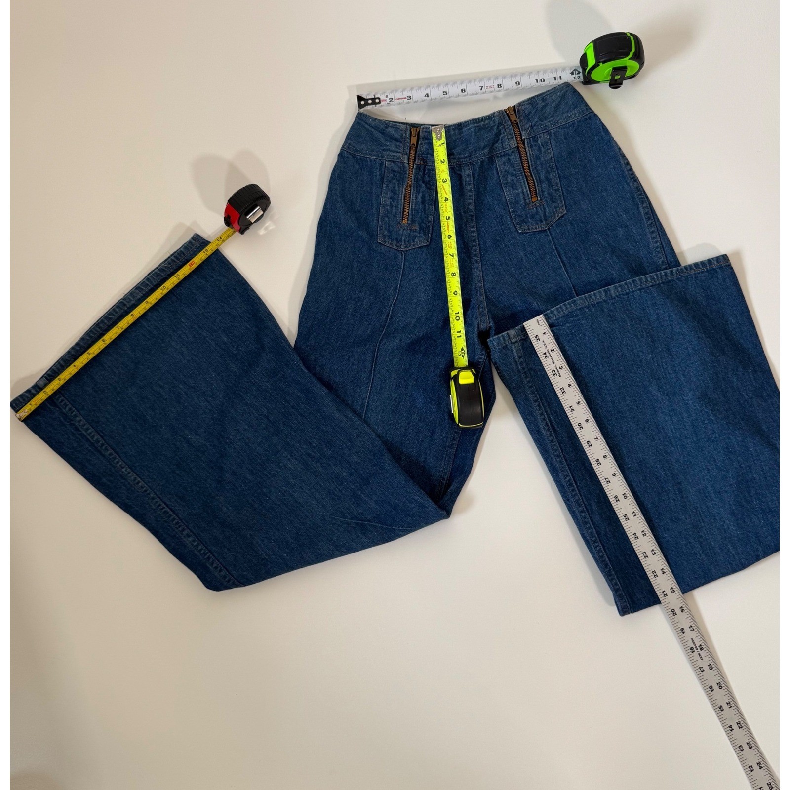 Vintage Altered 70&rsquo;s High Waist Jeans Double Zipper Flare Blue Denim Size 23