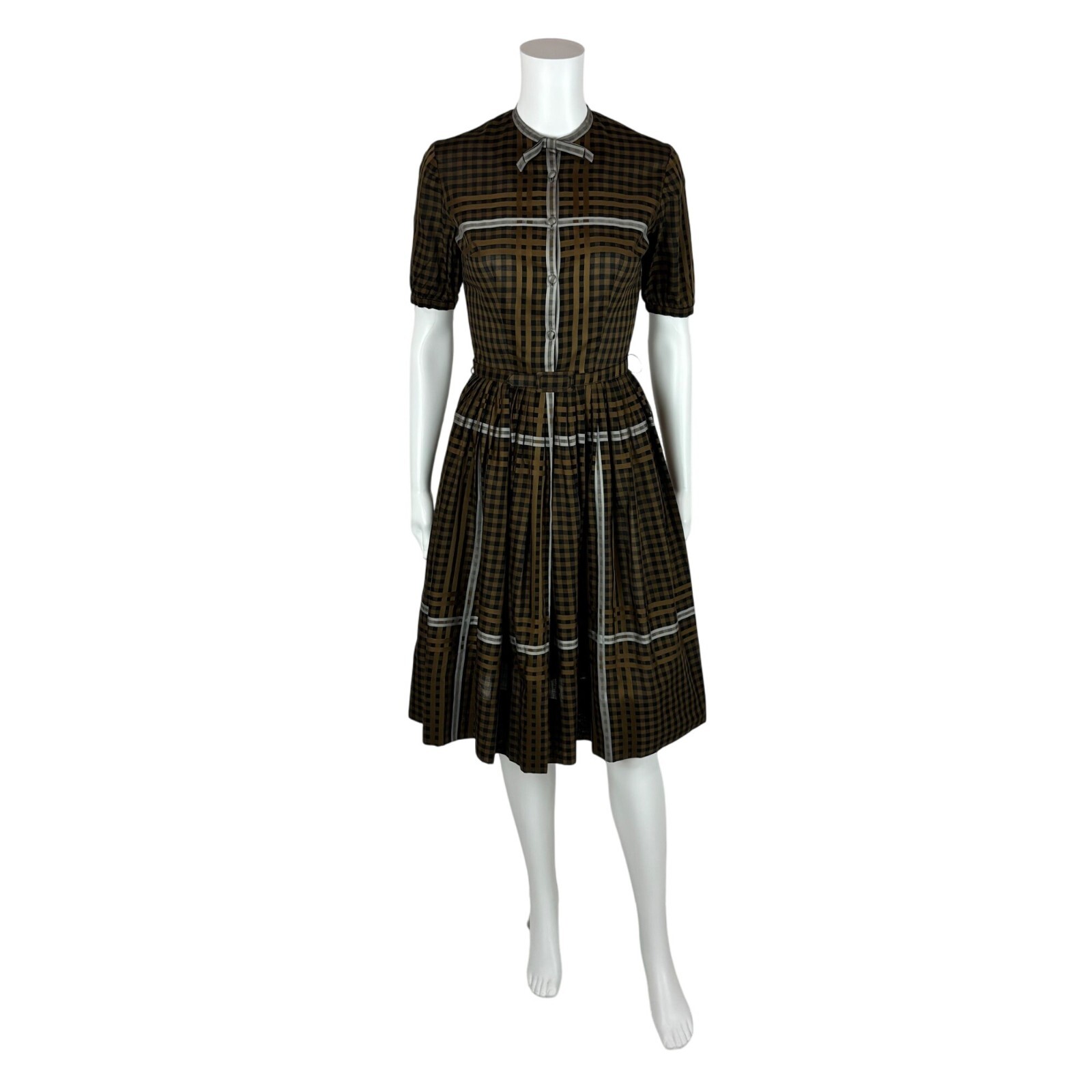 Vintage 60s Shirtdress Women&rsquo;s XXS Brown Checkered L&rsquo;Aiglon Belted Dress Academi