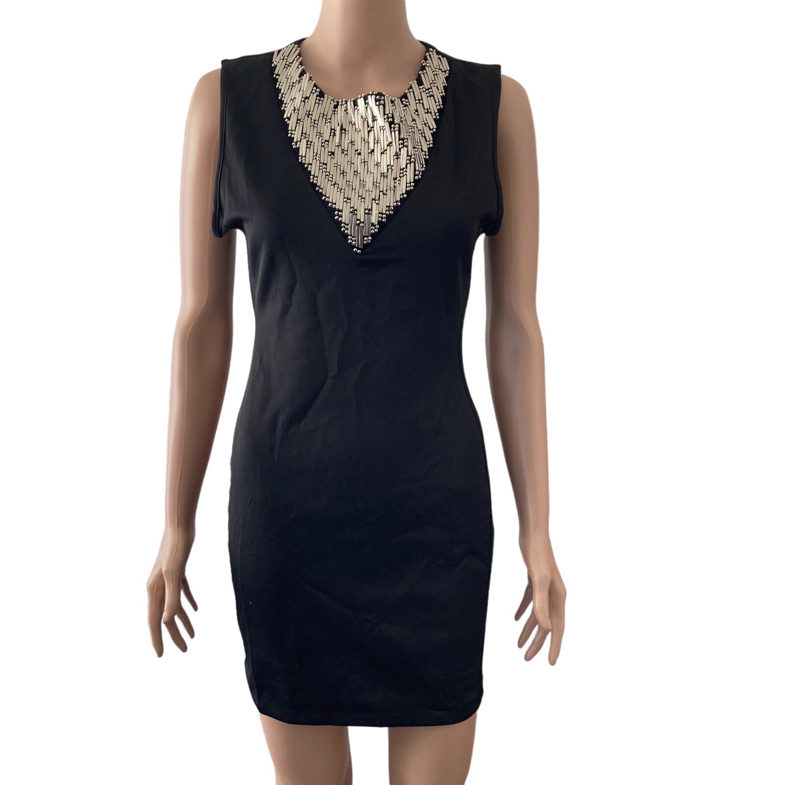 Strutt Dress BodyCon Womens Medium Stretch Silver studded beaded neckline
