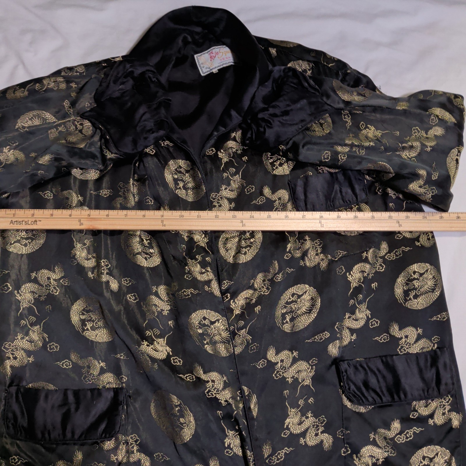 Vintage Solz Squirrel Robe Mens Size 46 Black Gold Dragon Oriental China Chinese
