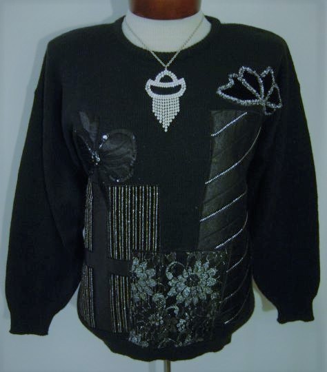 VINTAGE 80s GLAM BLACK SEQUIN SATIN LACE EMBELLISHED CHRISTMAS PRESENT SWEATER M