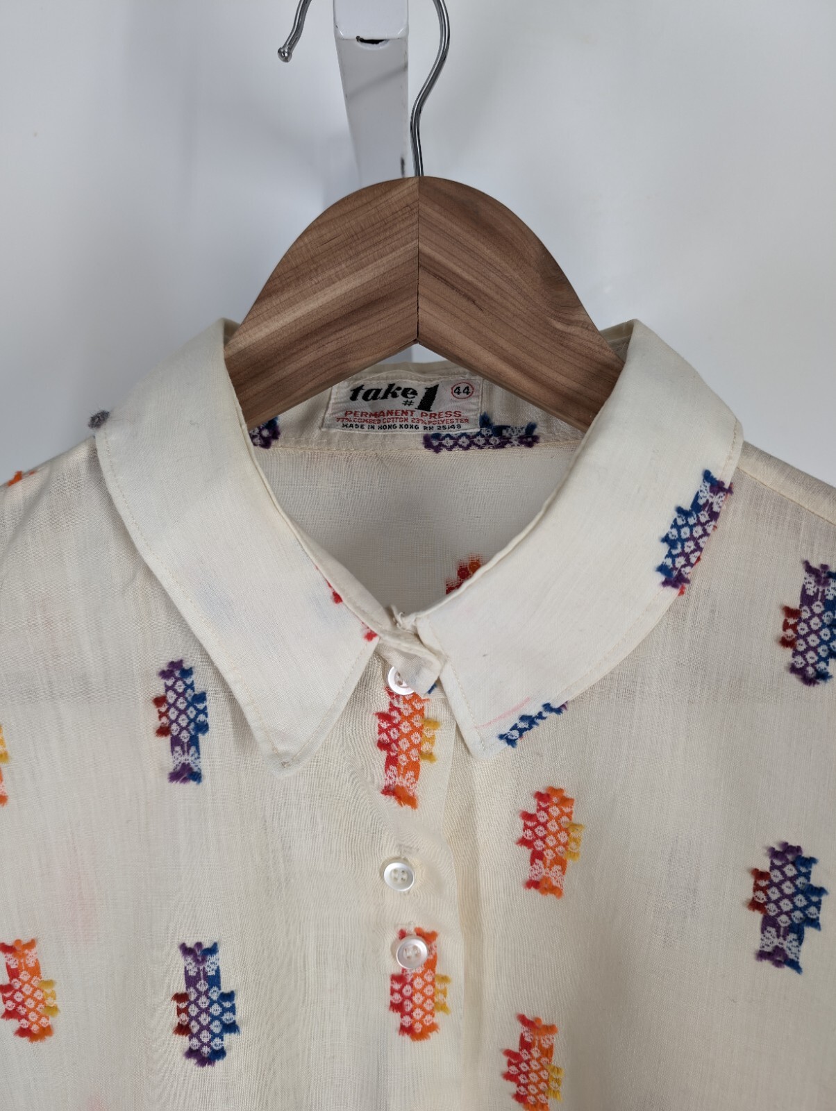 Vintage 70s Embroidered 3D Multicolor Boho Allover Print Disco Shirt Take #1 44&Prime;