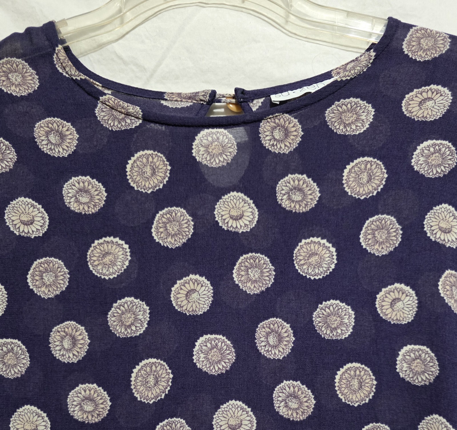 SU-ZEN OS Top Tunic Navy Floral Dots Pullover Semi-Sheer &rsquo;90s Art To Wear Boho