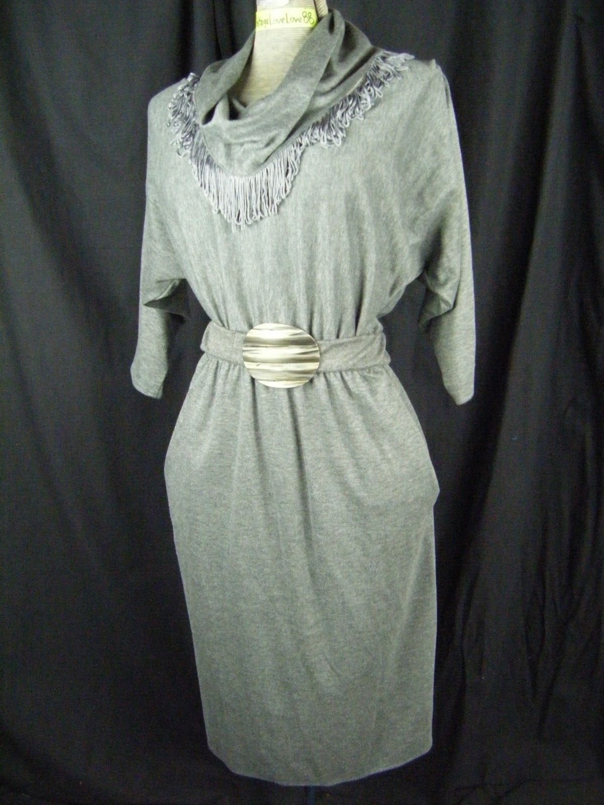 STUART ALAN Vtg 80s Heather Grey Knit Fringes Collar Western Dress-Bust 44/M