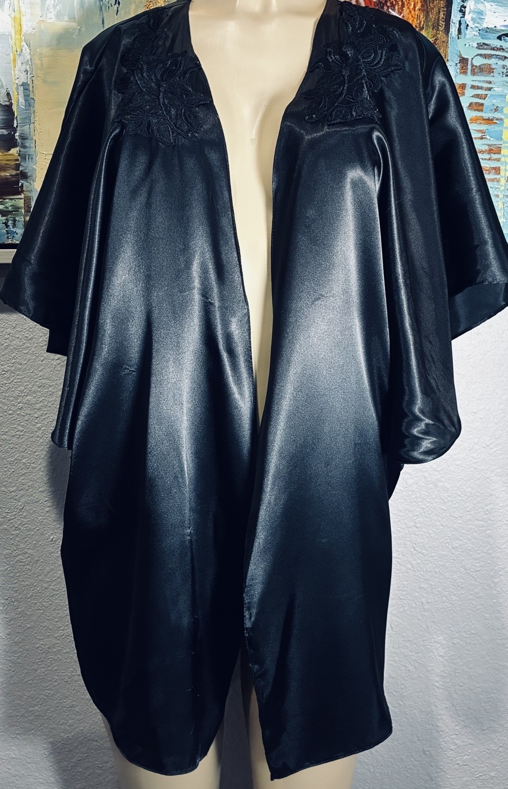 Vintage Black Satin Batwing Cape Jacket Robe M