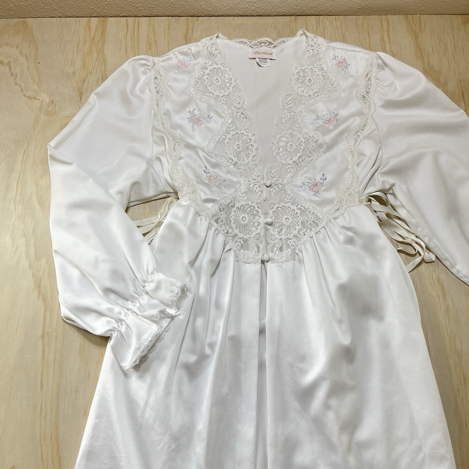 VTG Barbizon Satin Nightgown Robe Lace Embroidery Long Sleeve Maxi Wedding