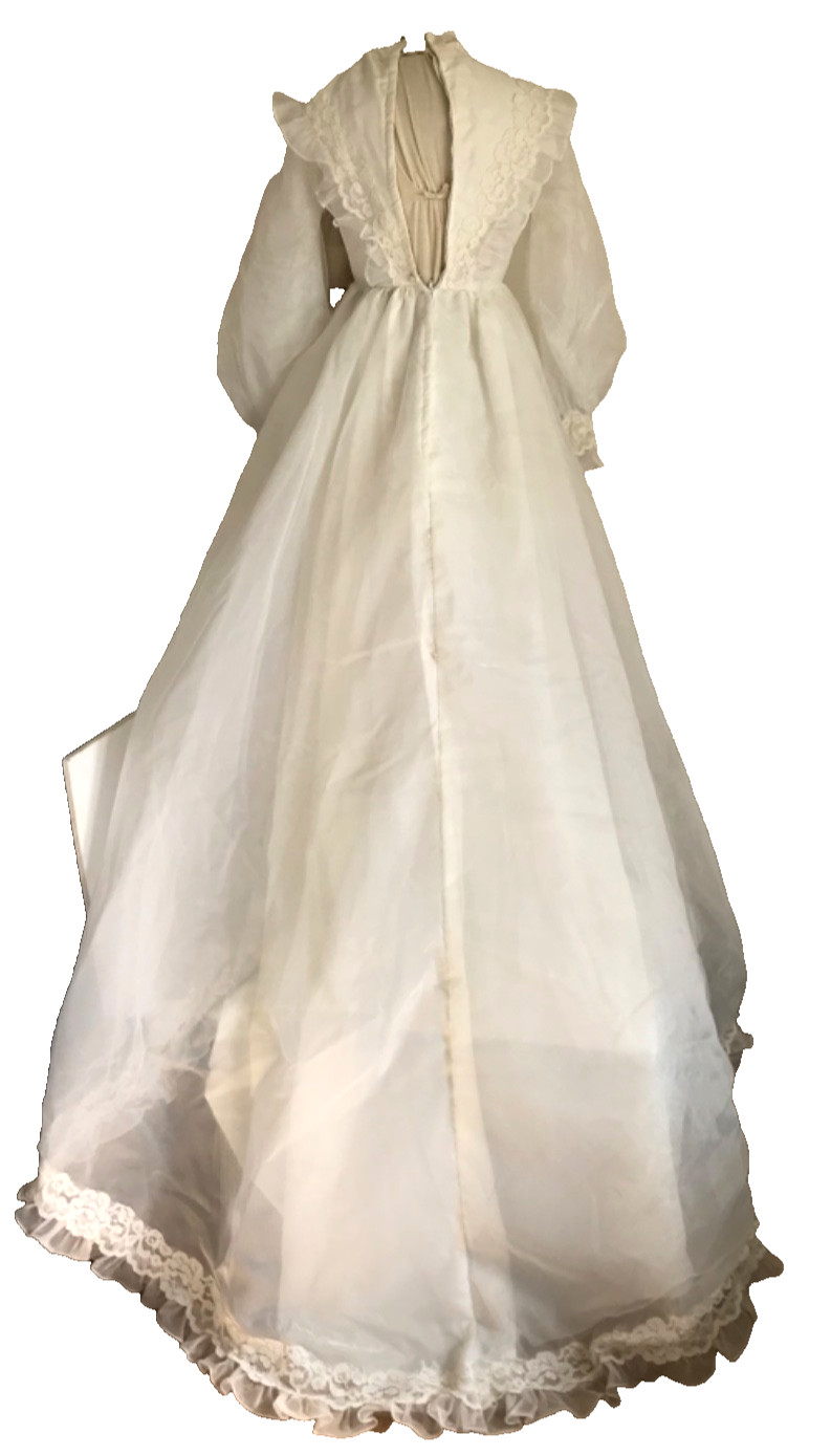 Vintage 70’s Prairie Wedding Down, Long Sleeve, Cream, Full Skirt High Neck