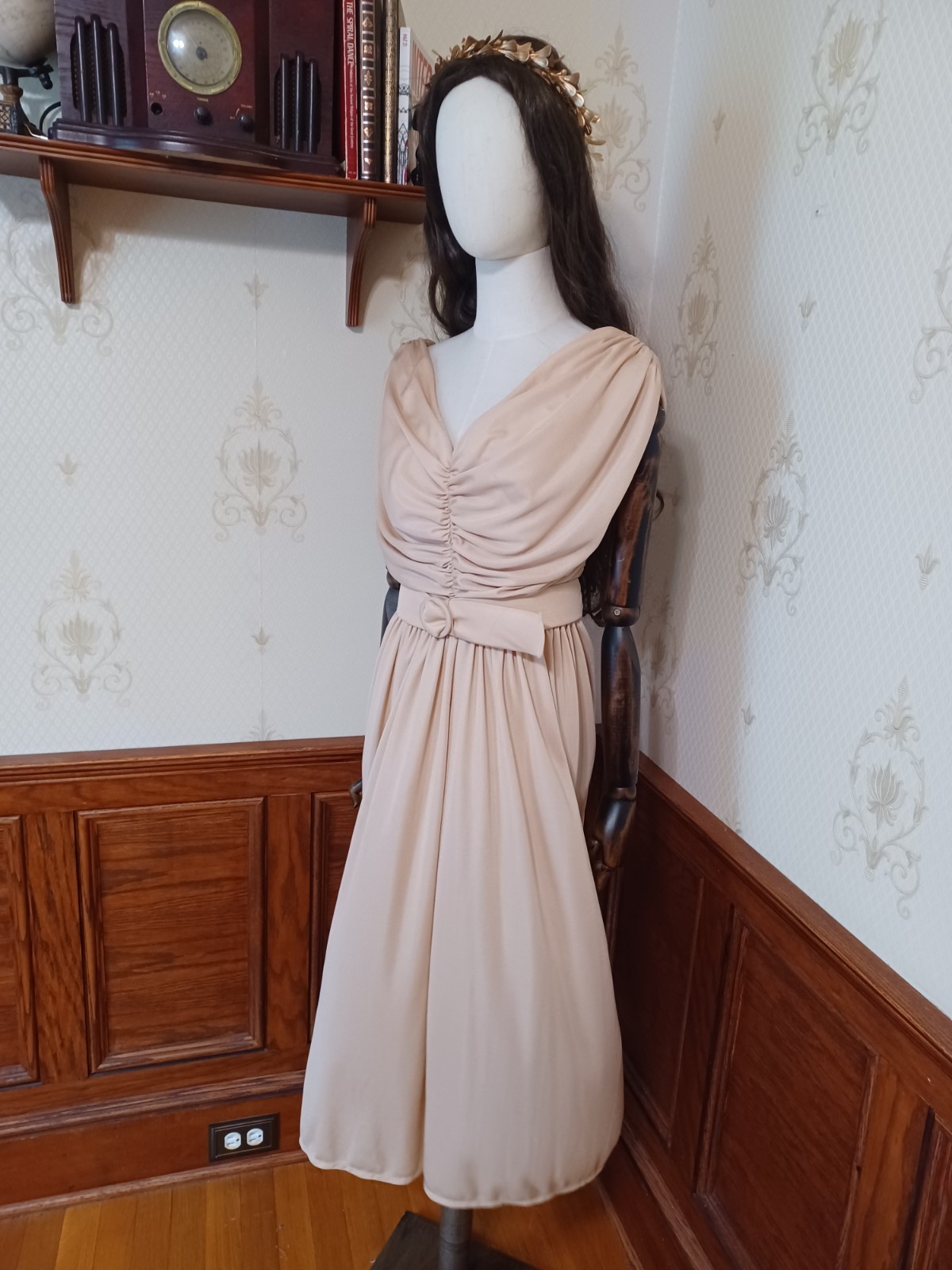 Vintage 1970s Union-Made Earth-Tone Disco Grecian Goddess Midi Dress