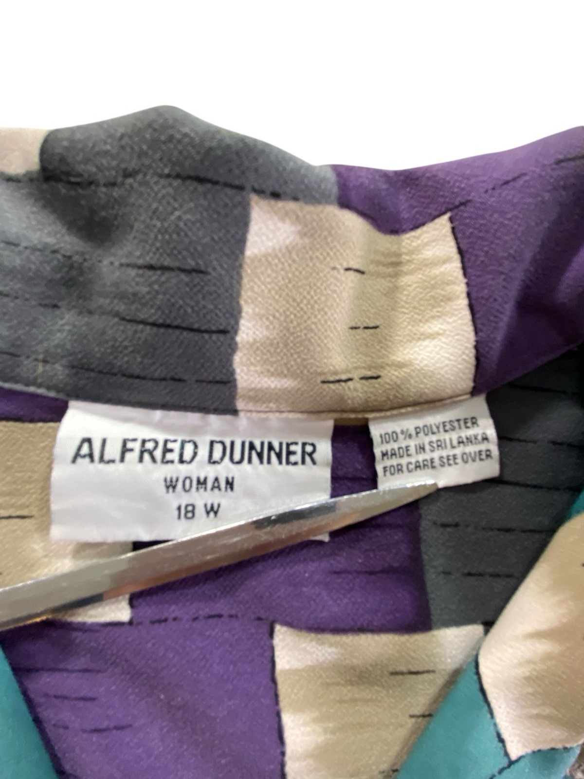 Alfred Dunner Women 18W Geometric Button Up Blouse Purple Teal Beige