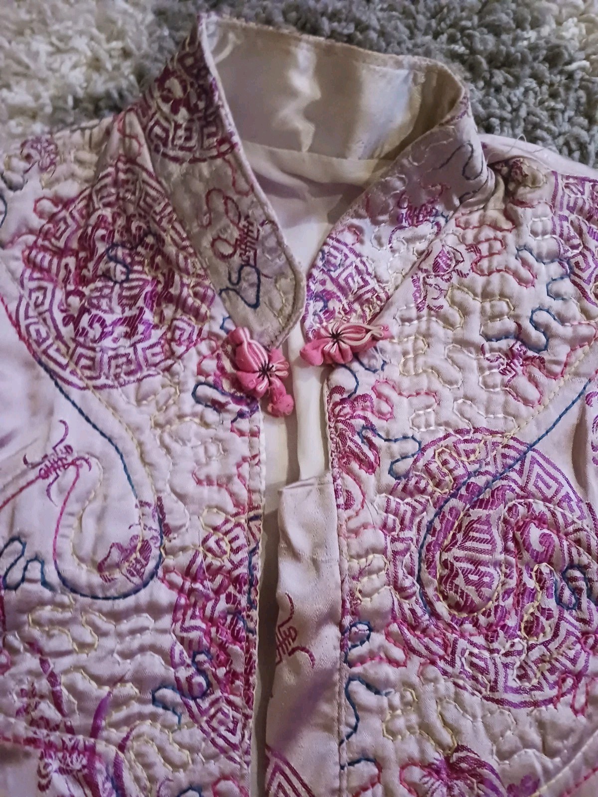 Vintage 70&rsquo;s Vietnam War Souvenir Kimono from Estate Satin Pink Purple Fabric