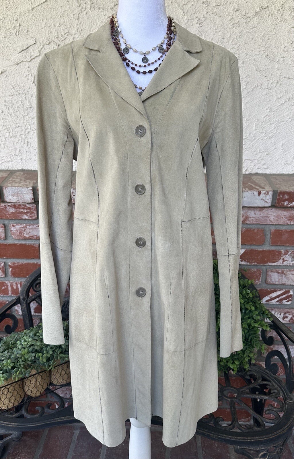 Vintage Rozae Nichols Sand Suede Leather Coat; Button Closure/Int Pockets; Sz L