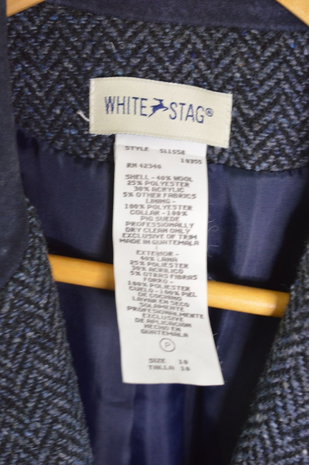 Vintage 90s White Stag Herringbone Blue Grey Blazer Pig Suede Collar Women&rsquo;s 10