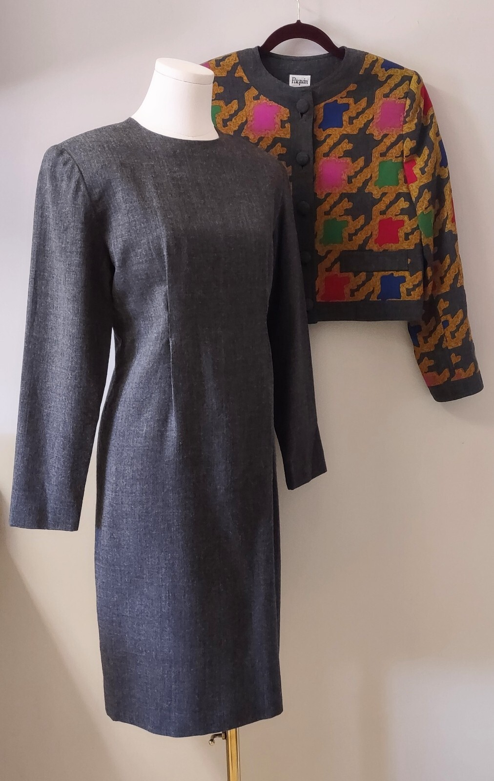 Vintage 80&rsquo;s Gray Wool Blend dress Nipped Waist Colorful Blazer Set Paquin 6