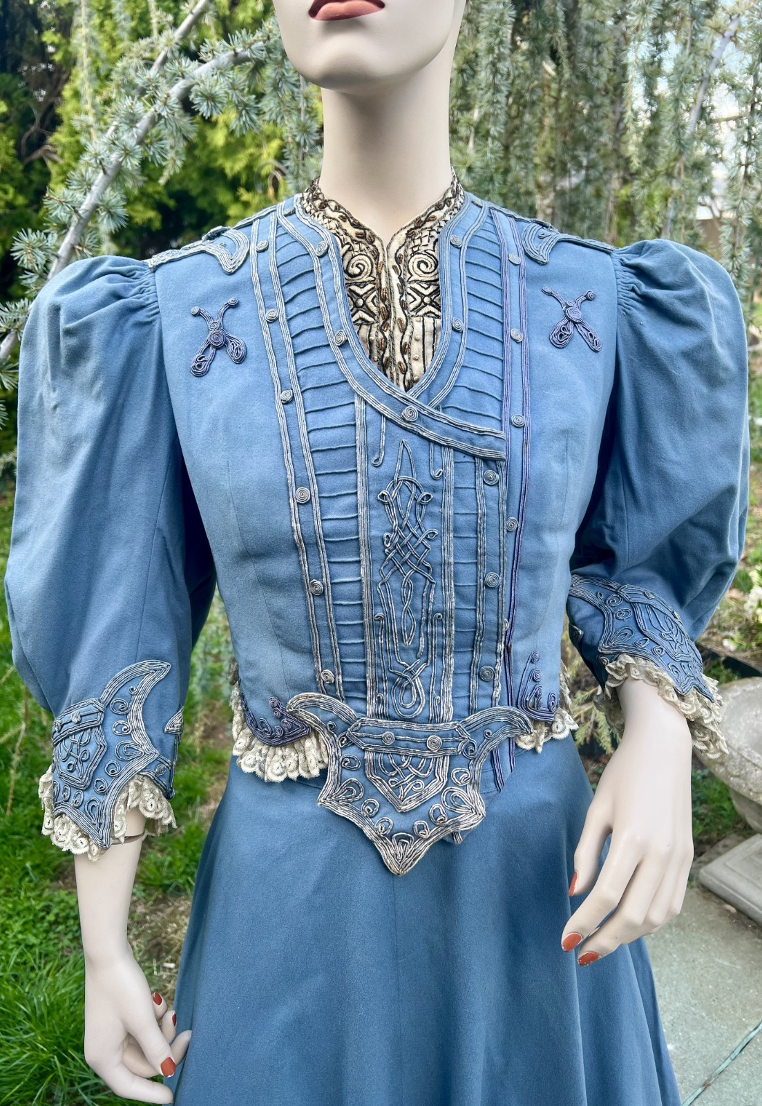 ANTIQUE EDWARDIAN BLUE WOOL 2PC WALKING SUIT DRESS