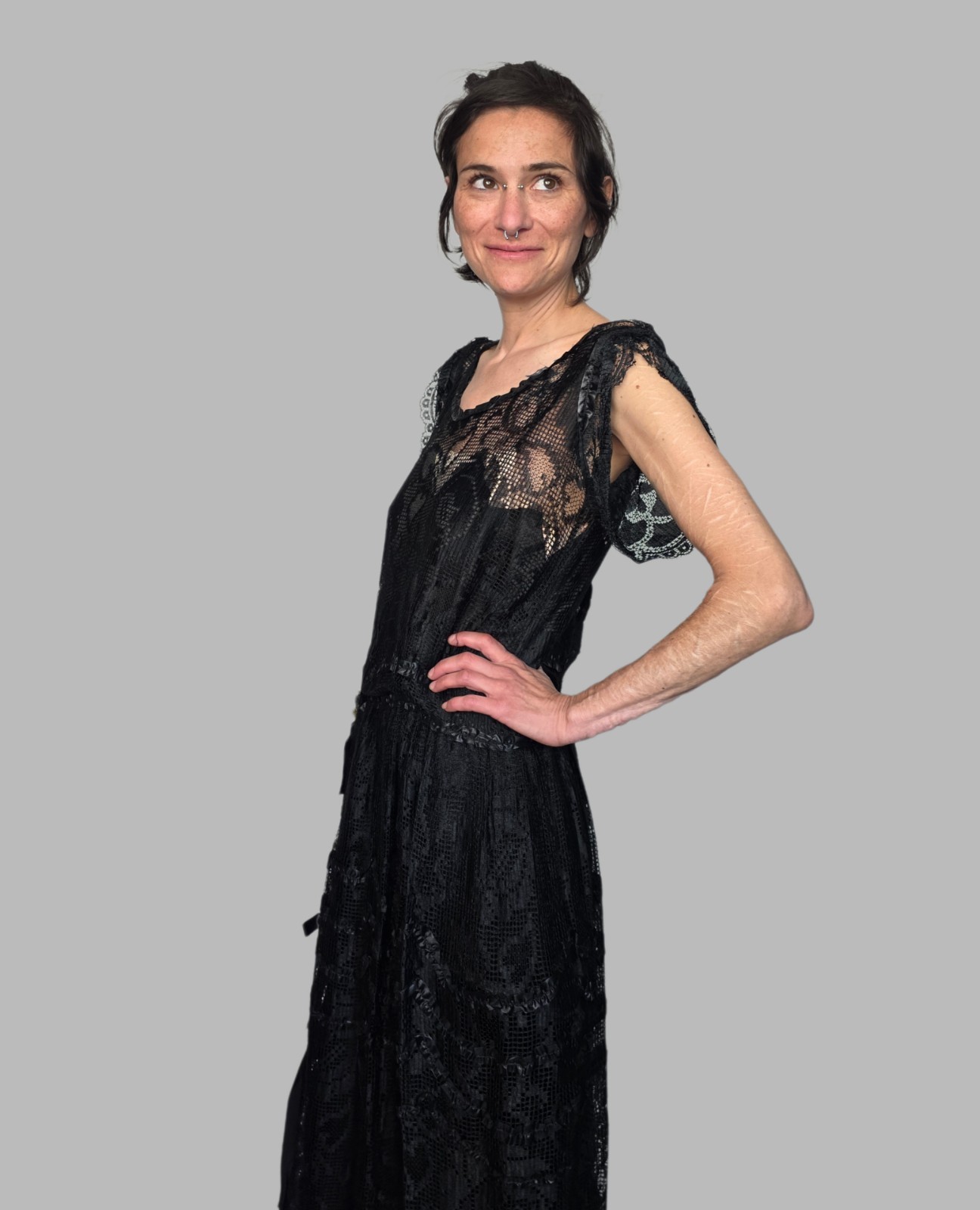 Authentic Edwardian Black Silk Lace Dress | Antique 1910s Drop Waist Gown | Hip