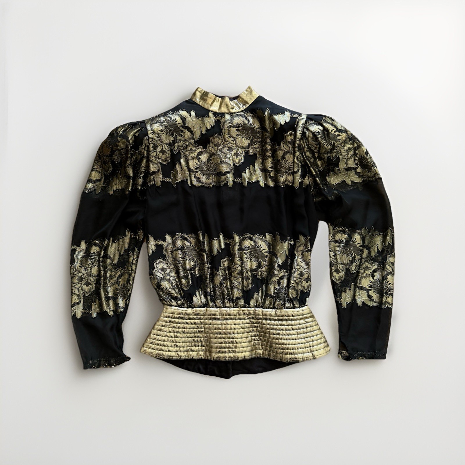 Gold Lame Black Sheer Vintage Blouse Jacquard Size 4 1980&rsquo;s Dynasty Fashion