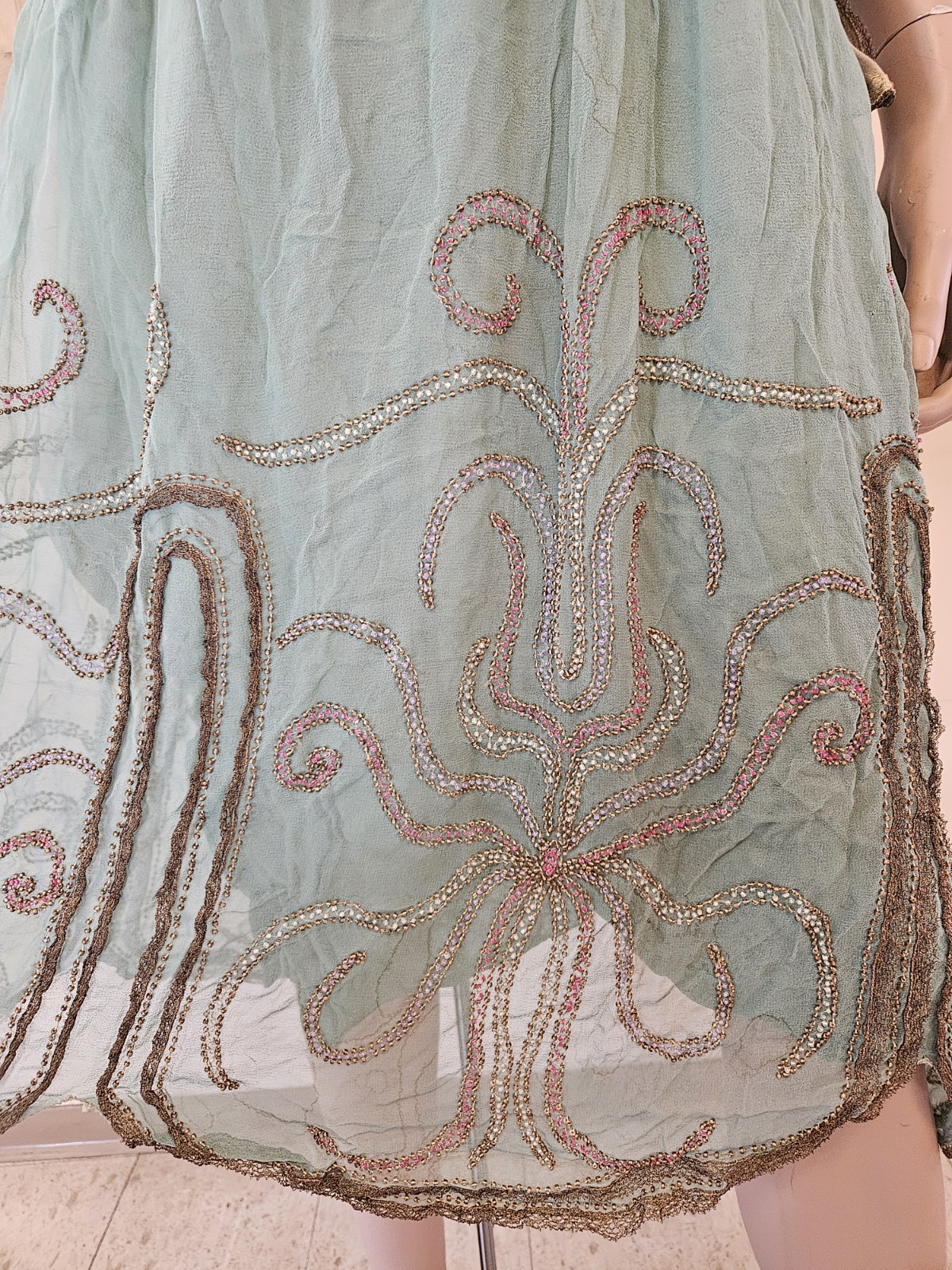 Antique 1920s French Beaded Flapper Dress Gold Lace Vintage Art Deco Bust 36