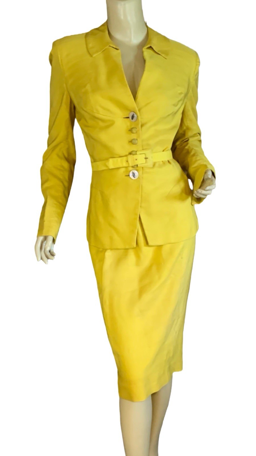 WOMEN&rsquo;S IRENE LENTZ VINTAGE 1950&rsquo;S YELLOW SILK BLEND SKIRT SUIT SIZE S