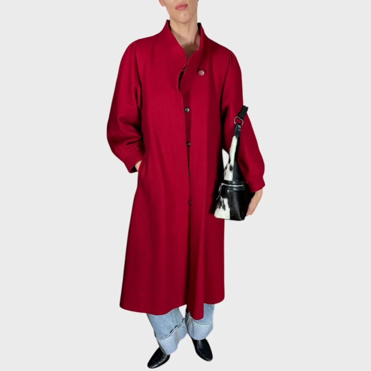Vintage Red Wool Coat Belted Waist Elegant Longline Overcoat size US10; EU40