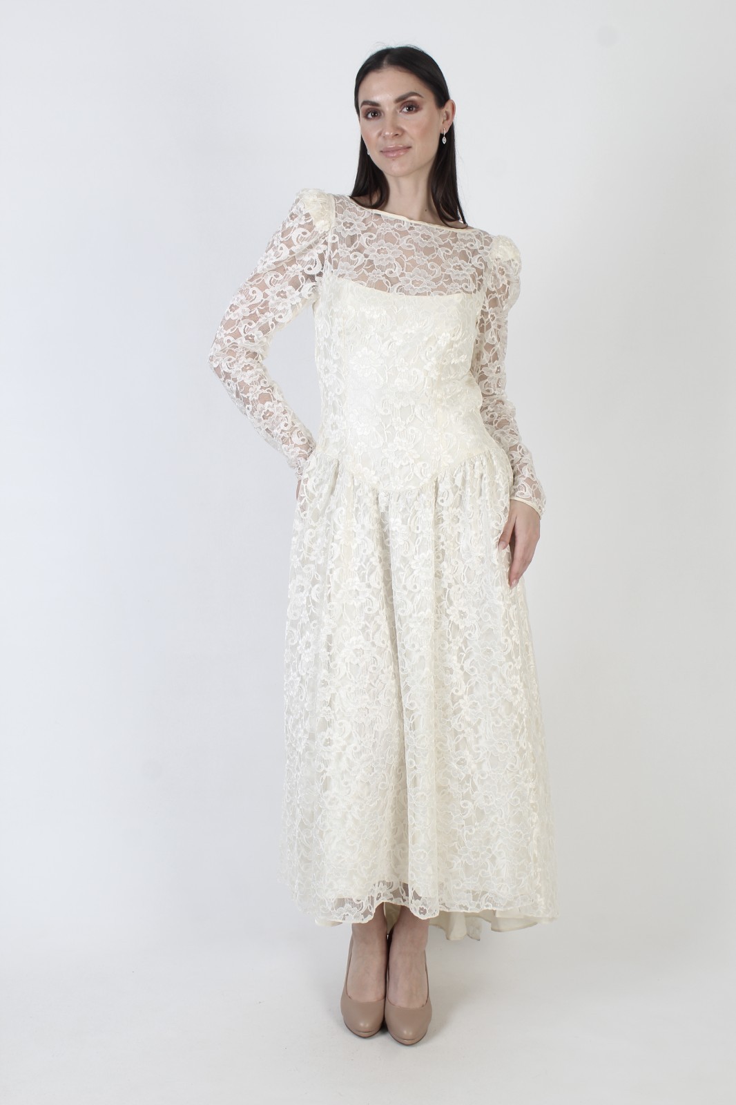 Vtg Alfred Angelo Asymmetrical Wedding Dress Victorian Cream Bridal Prom Gown