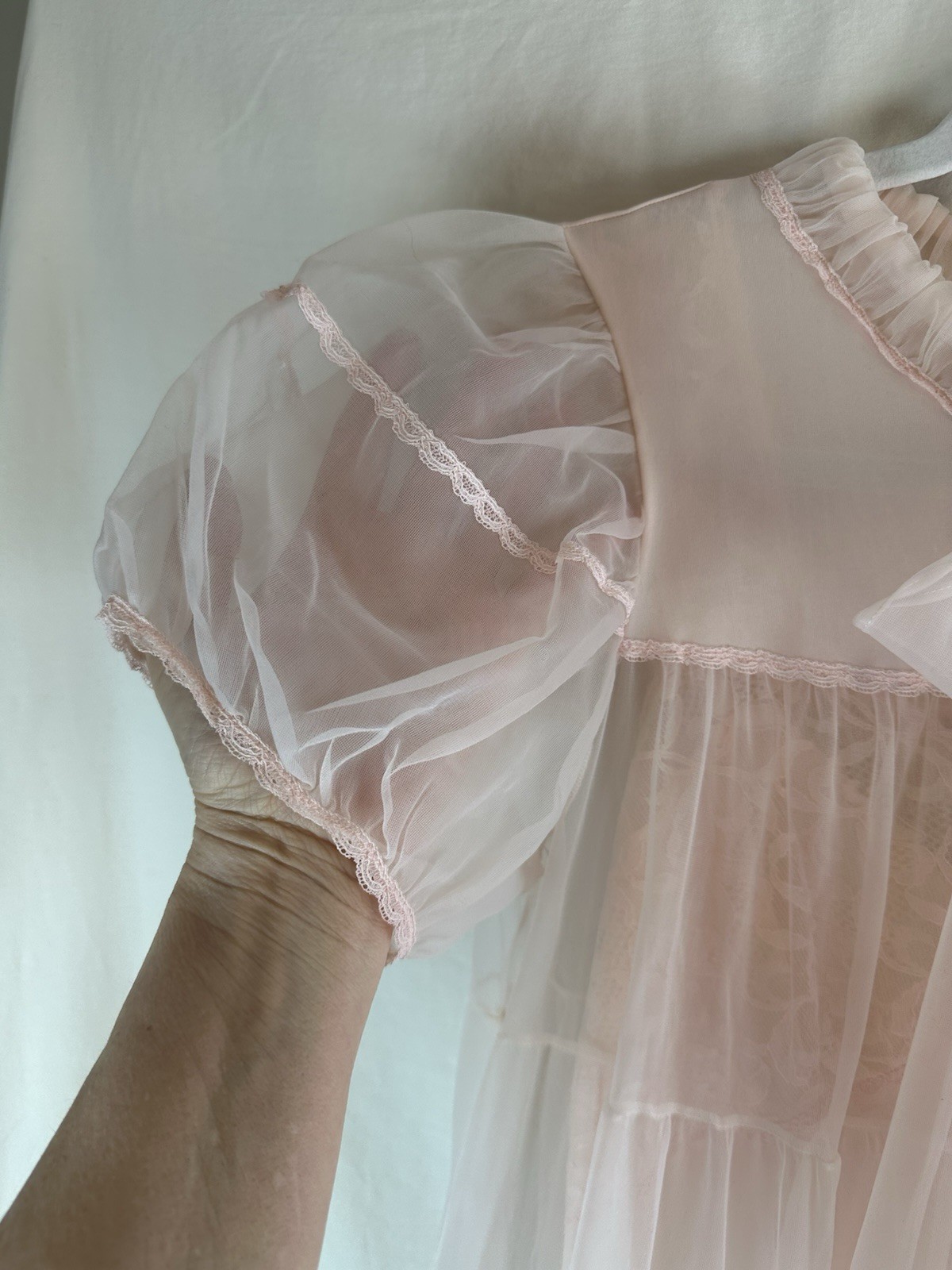 Vintage Dutchmaid 60s Pink Peignoir Set Nylon Sheer Robe & Gown Lace Romantic 14