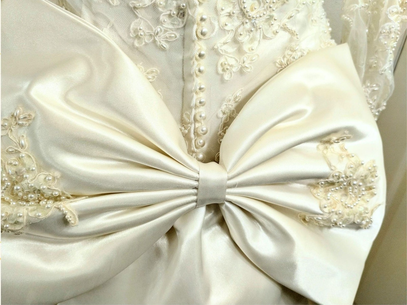 Vtge 80s Wedding Dress: Ivory Satin, Pearls, Sequins, Puff Sleeves, Basque Waist