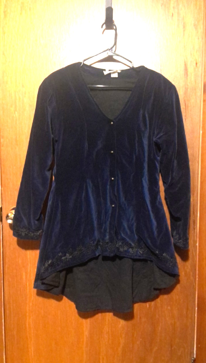 Vintage 1980s Artemis Blue Velvet-Style Black Embroidery Gothic Victorian Jacket