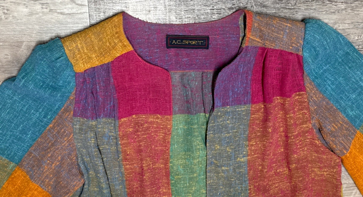 Vtg AC Sport 3 Pc Patchwork Skirt and Jacket Blazer Belt Suit Multi Color Boho S