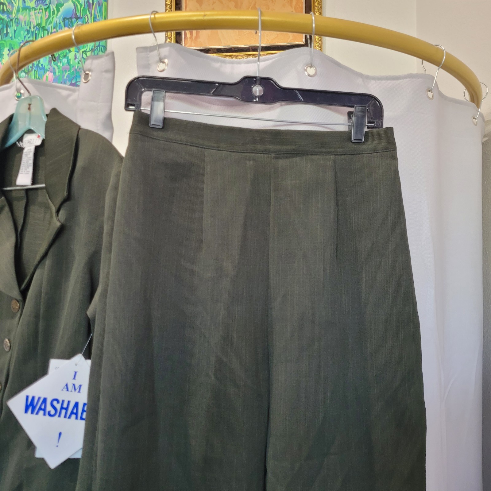Vintage 90s Women&rsquo;s Olive Green Blazer Pant Suit Set Copper Button By Scarlett M