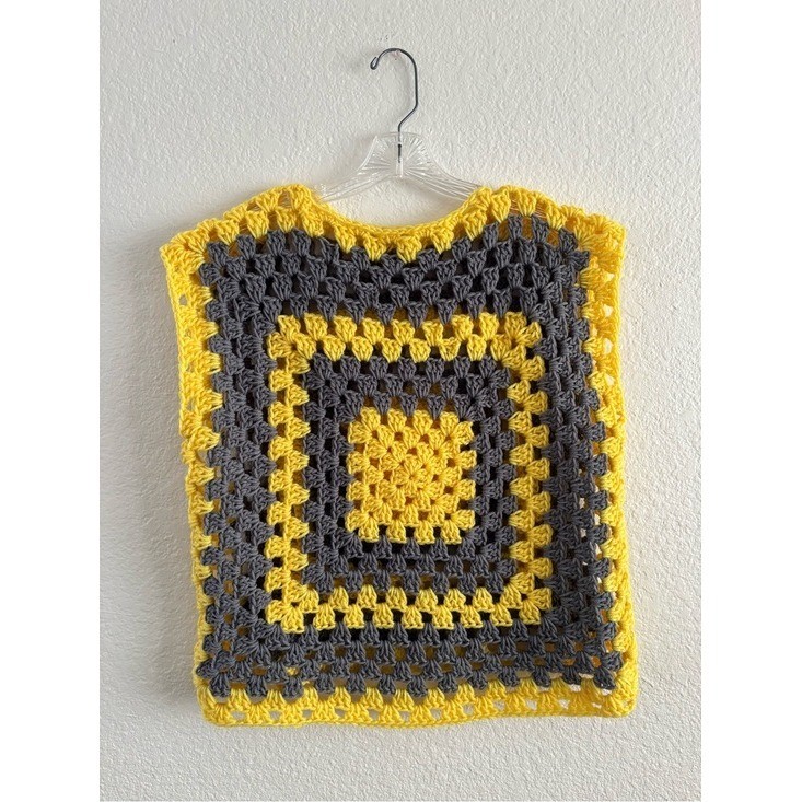 Handmade Crochet Granny Square Top OS Yellow Grey Sleeveless Vest Boho