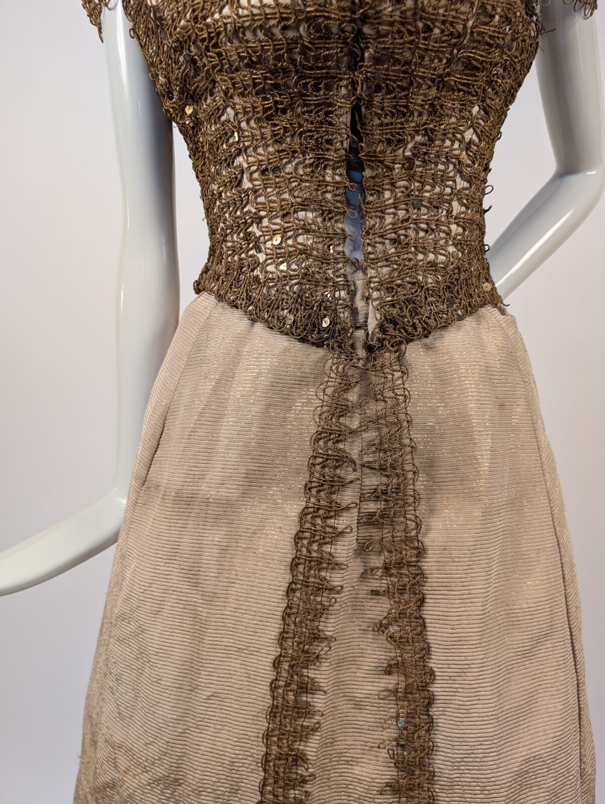 UNUSUAL VICTORIAN 1880’S SILK FAILLE + METALLIC GOLD BRAID BUSTLE DRESS