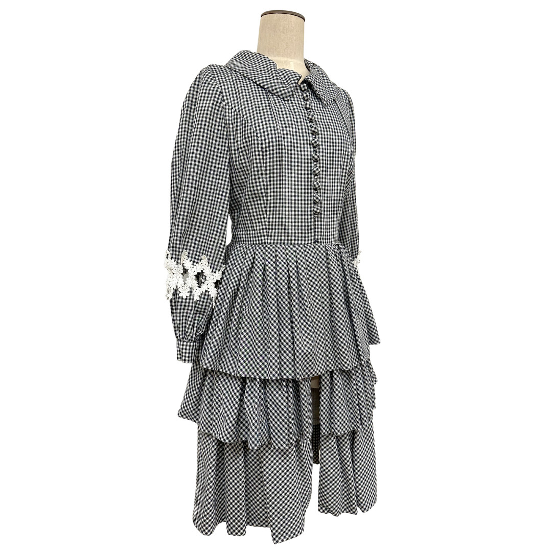 Vintage 1970s Gingham Black & White Layered Tiered Open Front Cutout Sleeve Coat