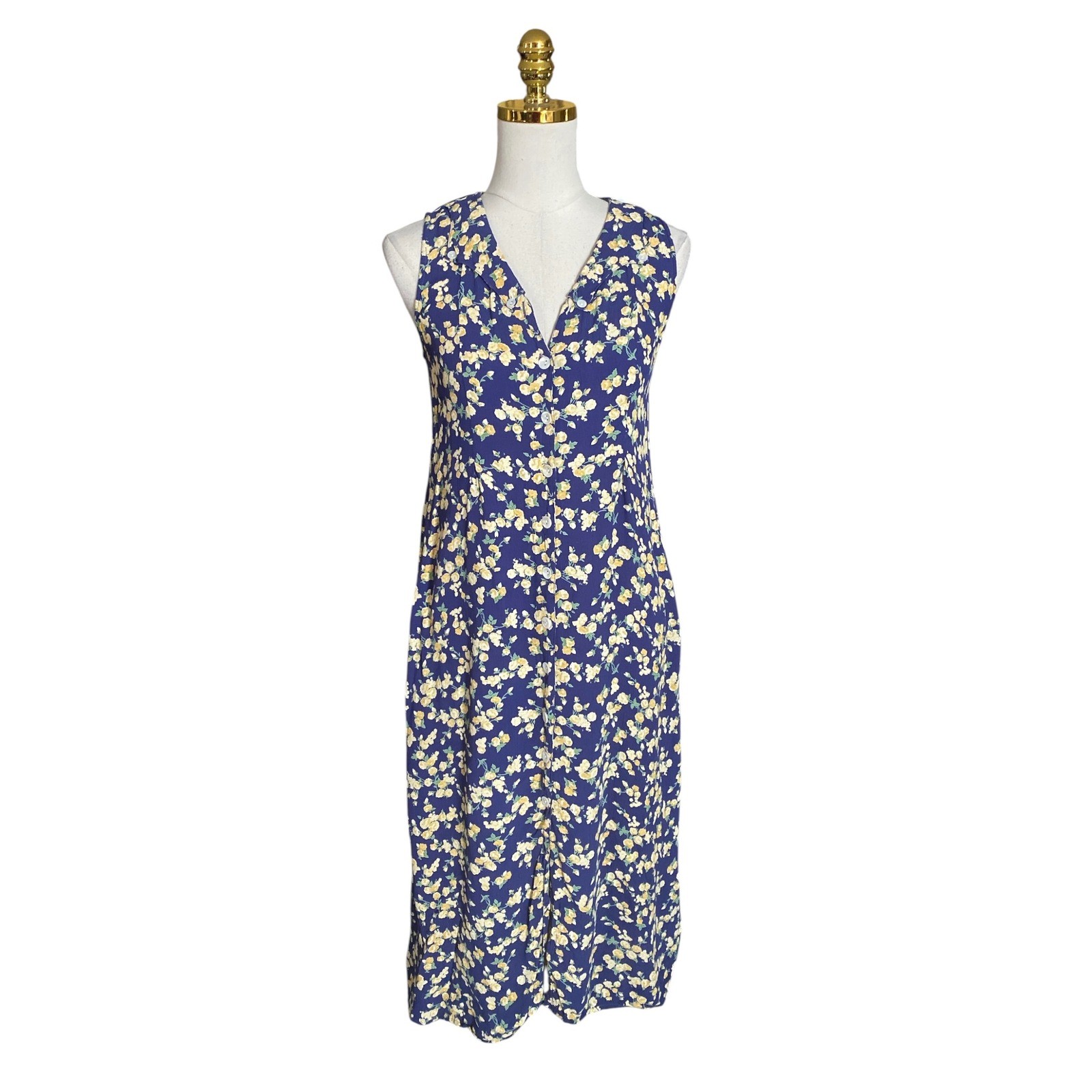 April Cornell Vintage 90s Floral Midi Dress Blue Yellow Rayon Cottagecore XS