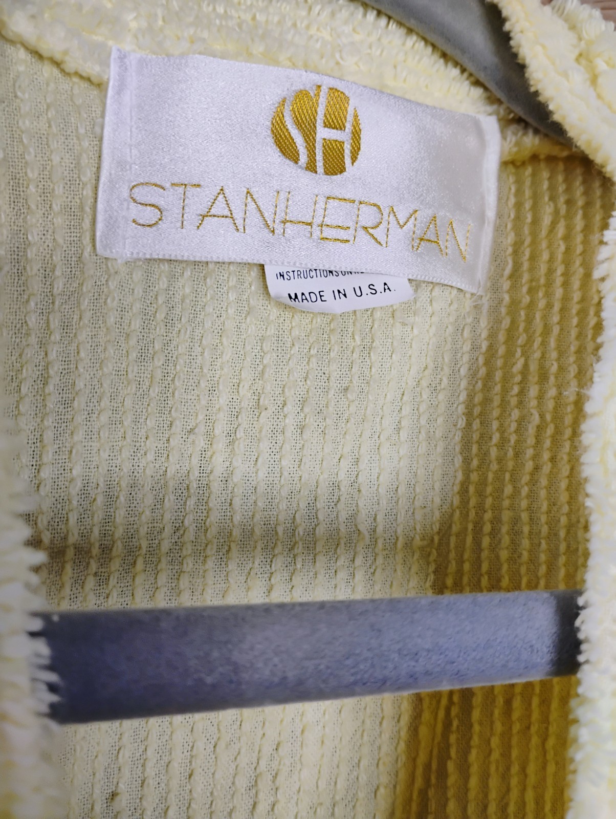 Vintage 70s Stan Herman Yellow Chenille Terry Robe Butterfly Decal Wrap Belt M