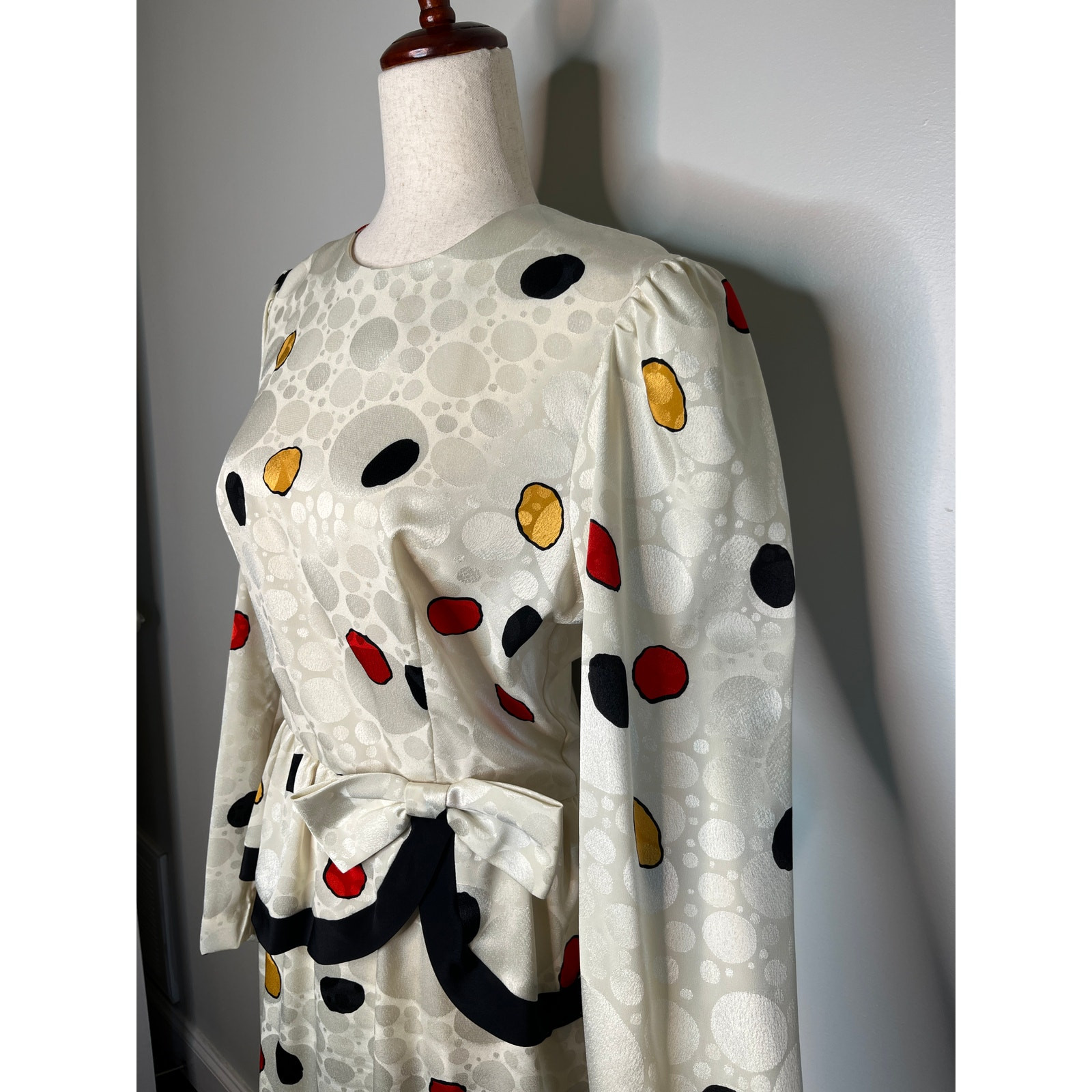 1980s Studio E Red Yellow Polka Dot Bows Maximalist Artsy Peplum Midi Dress M