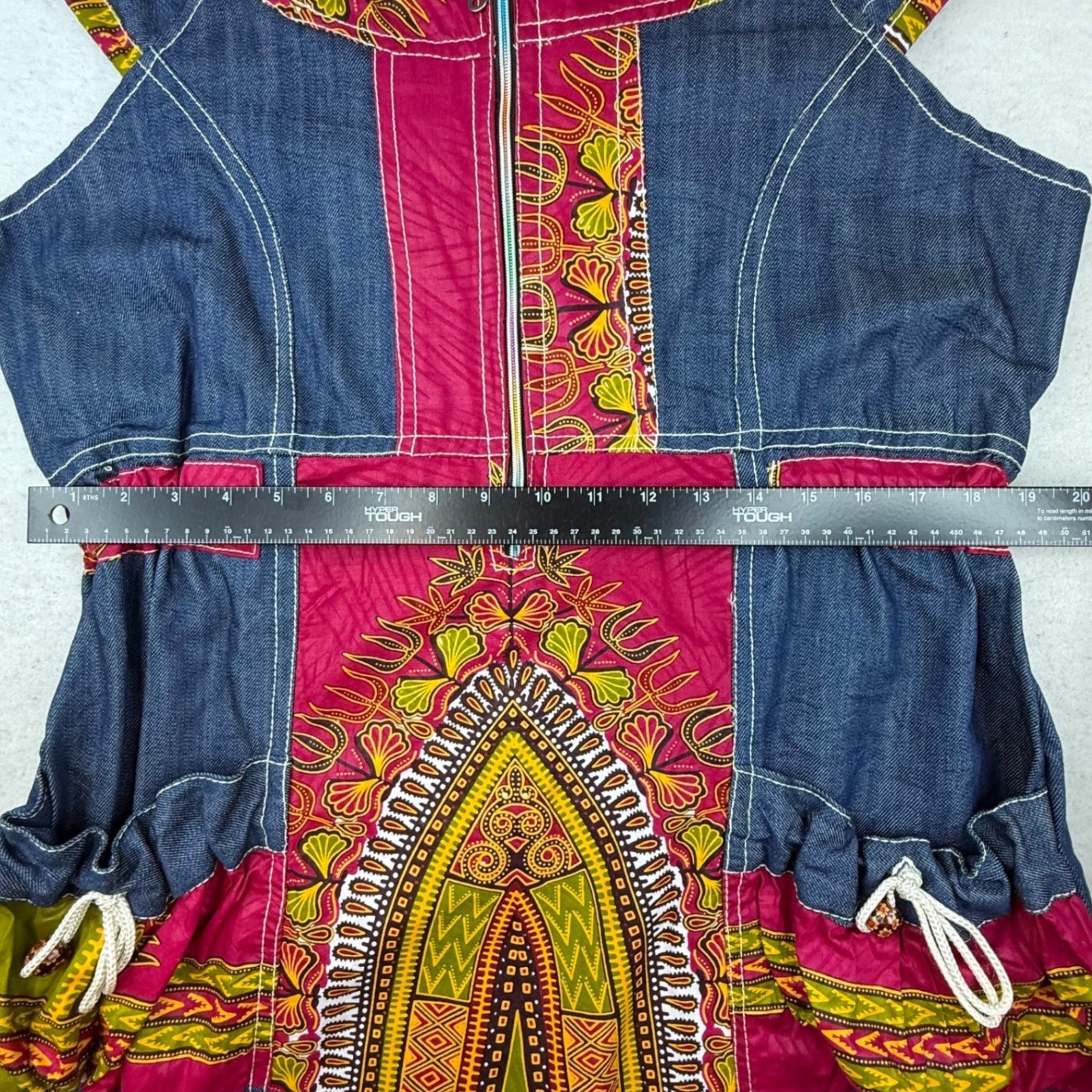 Denim Patchwork Dress Tribal Print Zip Front Pockets homemade boho artisan RARE