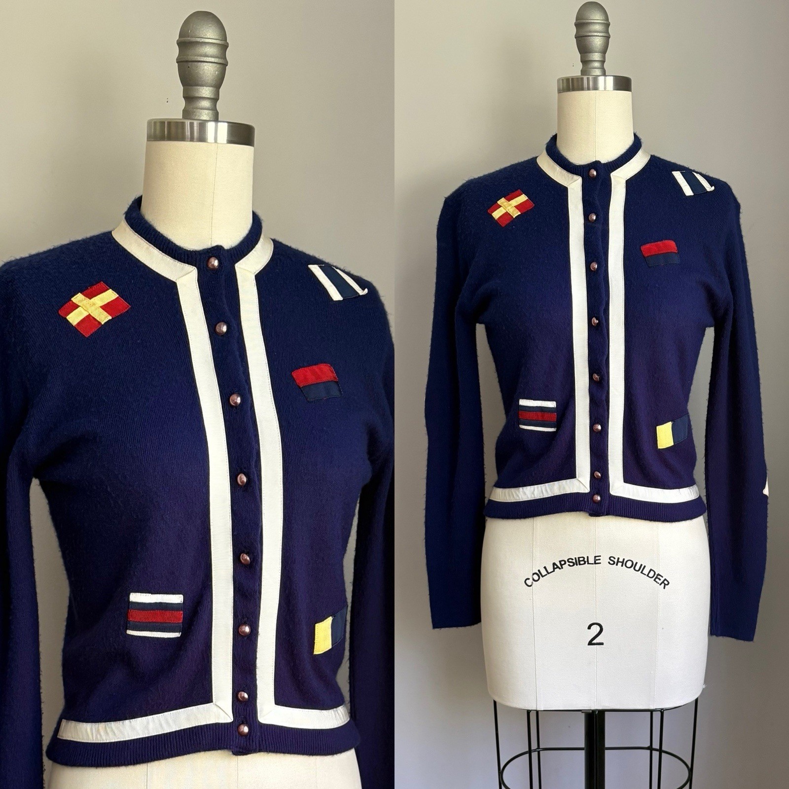 Vintage 1960’s Nautical Sailing Yacht Flags Cardigan Sweater XS/S