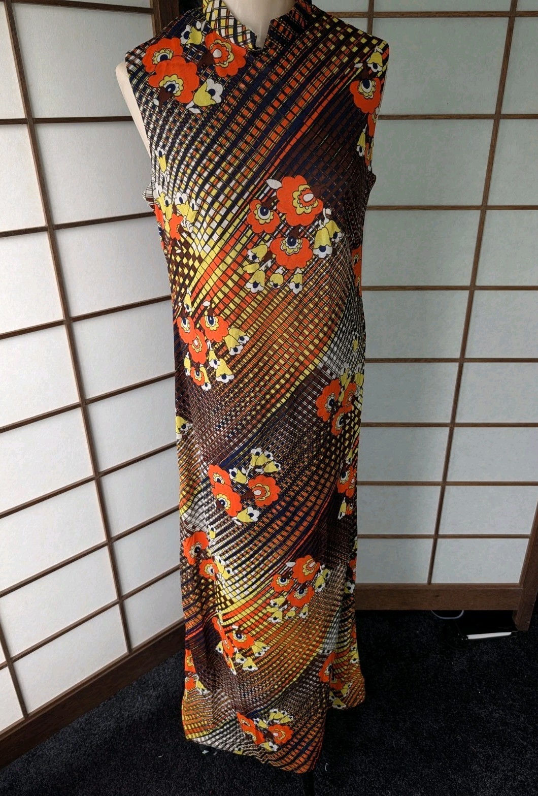 Vintage 1960s Mandarin Collar Maxi Dress Bright Psychedelic Day Glo Hippie S/M