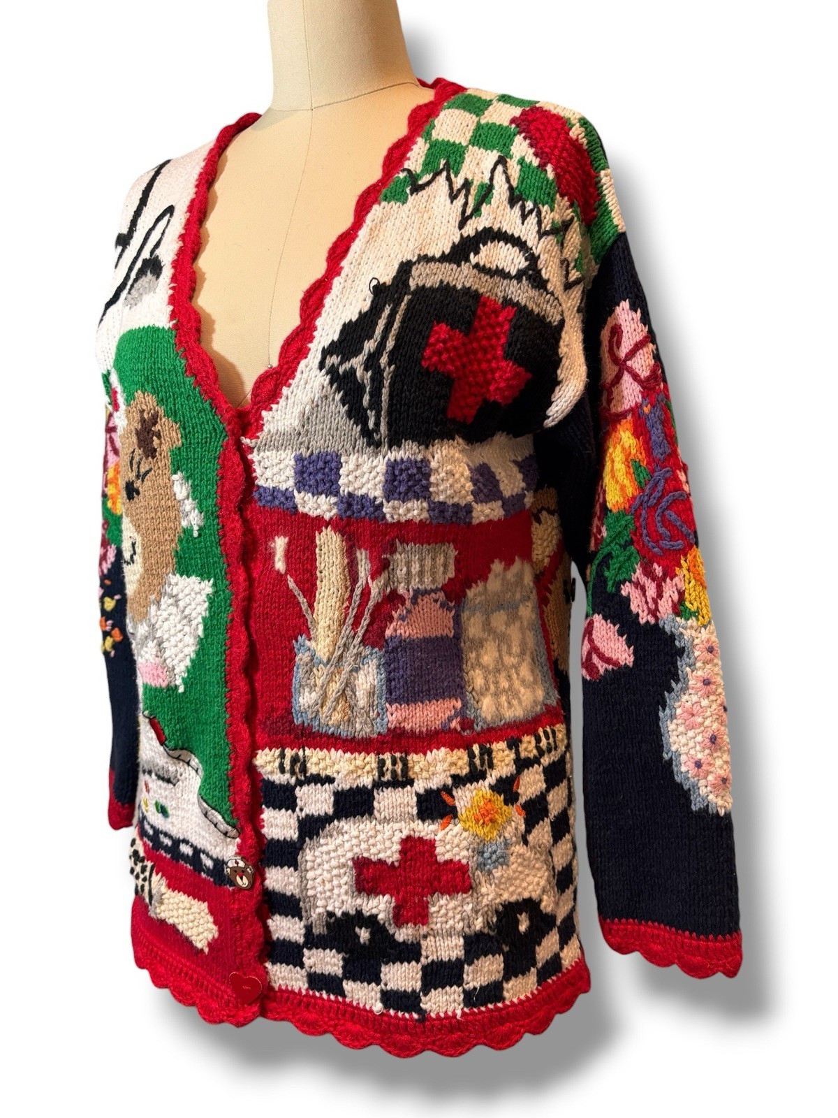 Vintage 1995 Eagle’s Eye Hand Knitted Hospital Nurse Teddy Care Sweater Sz S