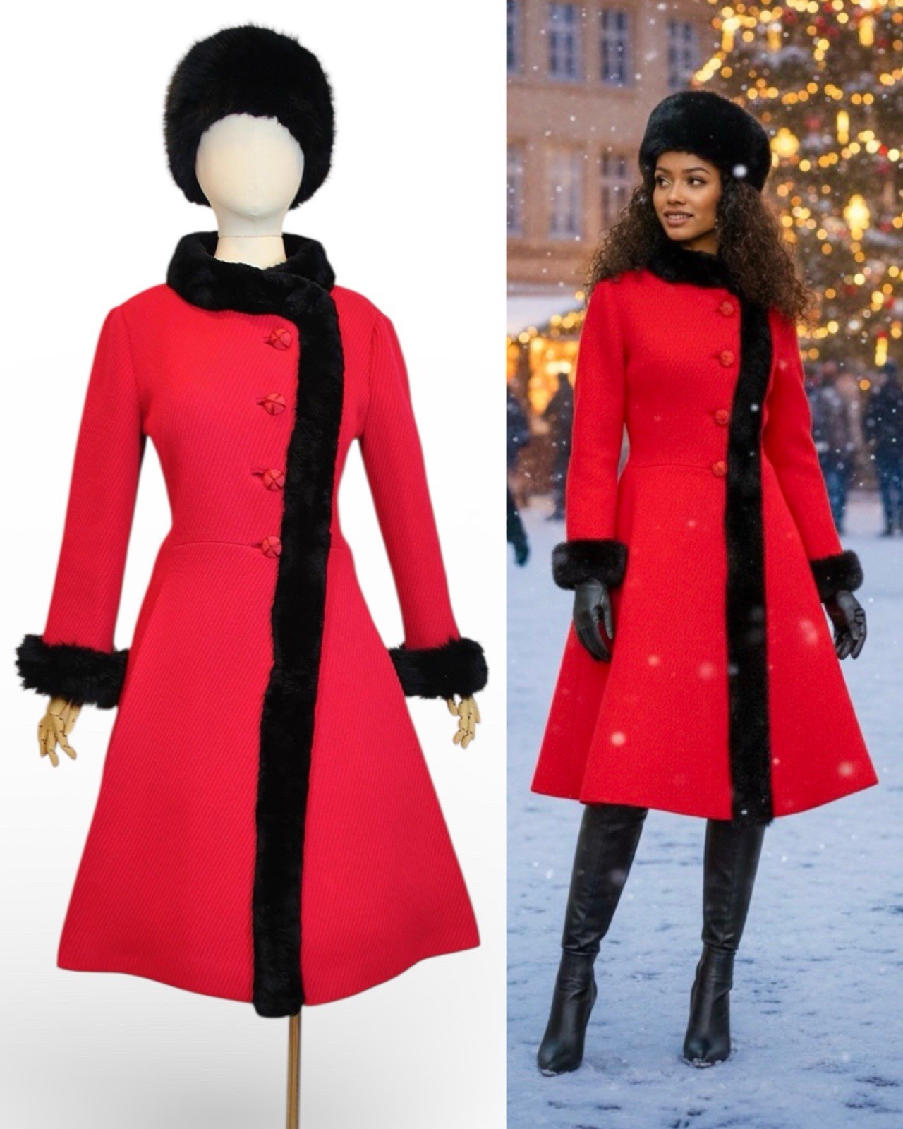 Vtg 1960s Princess Coat Red Wool Fox Fur Cuffs Collar Winter Pinup MEDIUM LARGE
