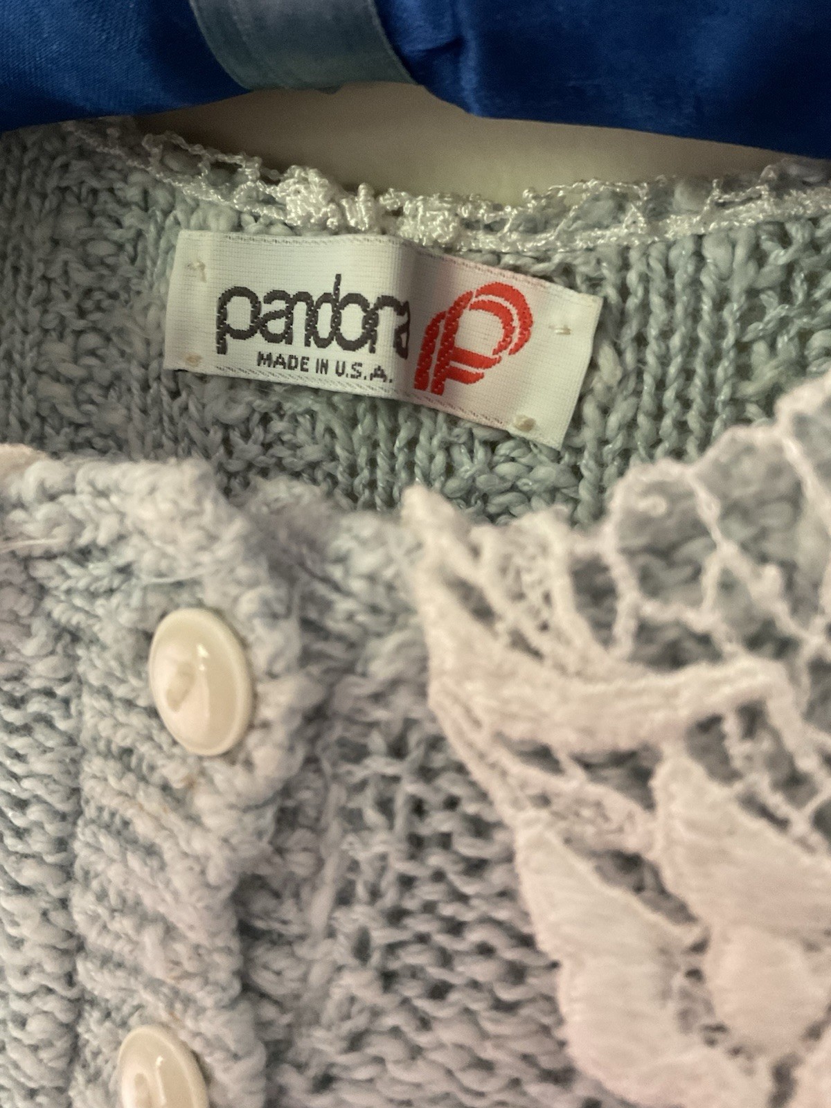 VTG Pandora Button Up Cardigan Sweater Lace Collar Boxy Square Knobby Knit Wobby