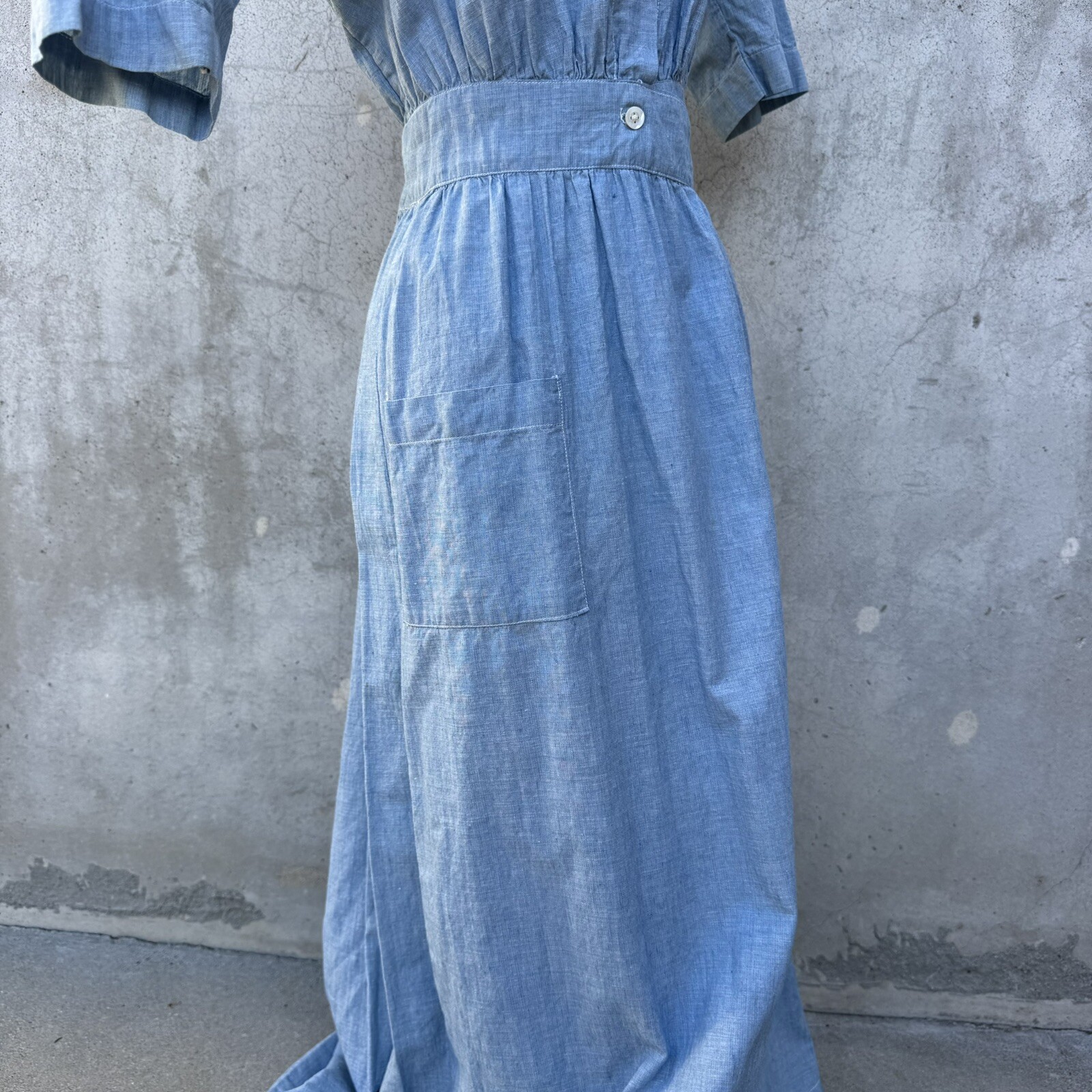 Antique Edwardian Blue Chambray Cotton Dress Workwear Prairie Maxi Vintage