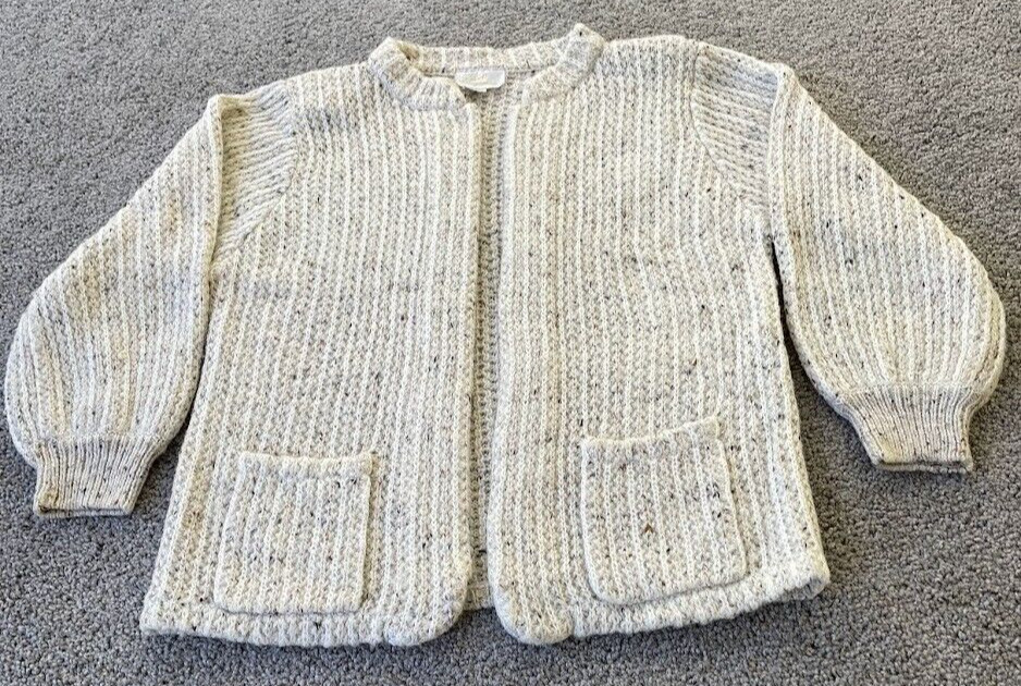 Lilly of California Cardigan Sweater Open Chunky Knit Oatmeal Pockets Cream Vtg
